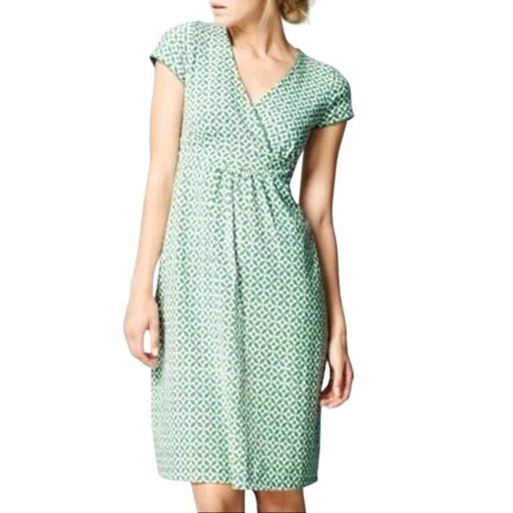 Boden Lola Jersey Knit Faux Wrap Dress Geo Pinwheel Print Green V-Neckline Sz 10 - Picture 1 of 11